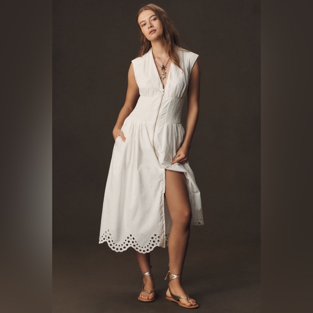 Anthropologie The Tommie Cap-Sleeve Smocked Front-Zip Shirt Dress